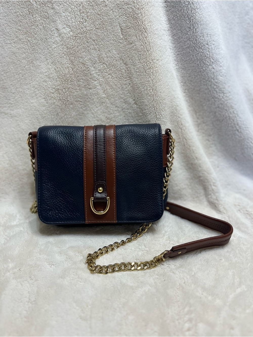 Talbots Navy/Brown Leather Crossbody Bag - Gold Chain Strap Magnetic Closure